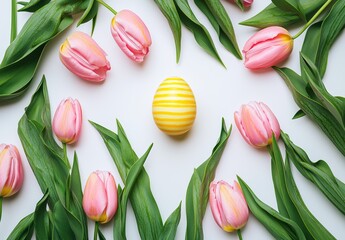 Easter Eggs and Tulip Bouquet on White Background