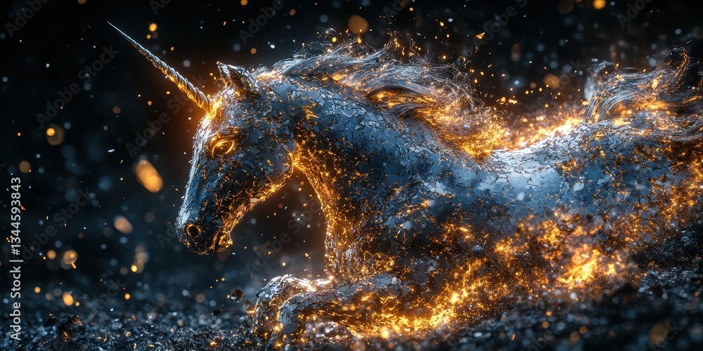 Poster a glowing ethereal unicorn is surrounded by sparkling particles