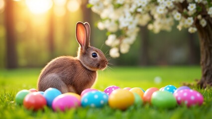 A brown rabbit sitting in a field of colorful Easter eggs.