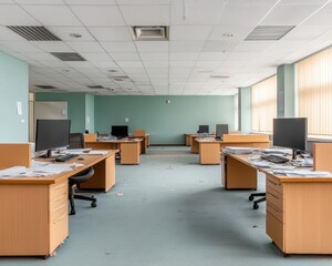 An empty office with old papers scattered across desks, corporate abandonment