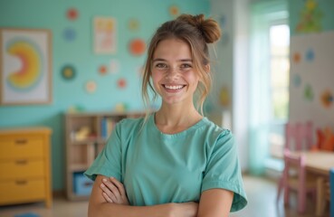 Portrait of cheerful female childcare pro in daycare center. Happy teacher with arms crossed smiles, poses in classroom with learning facility, diverse staff, employment. Education, teaching, happy
