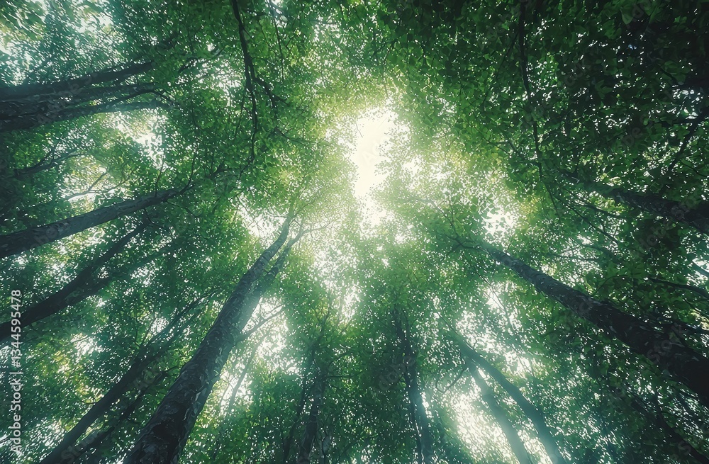 Poster sunlight streaming through verdant forest canopy, illuminating lush woodland with soft, dappled gree
