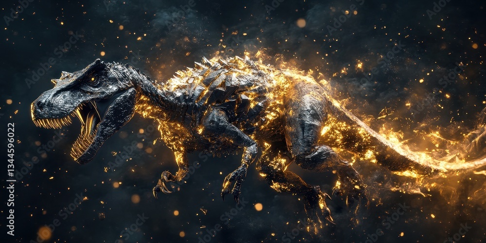 Poster a dynamic dinosaur form with flames across its structure