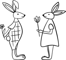 Couple of rabbits. Hand drawn vector illustration. Rabbits in love.