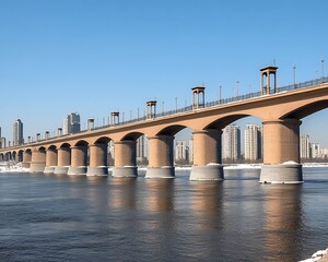 Naklejka premium Modern Bridge for Winter River, Cityscape.