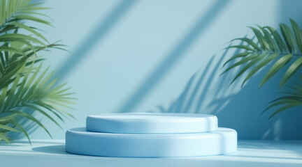 two-tiered pale-blue cylindrical podium with palm leaves