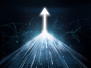 White arrow piercing upwards through digital elements. The artwork conveys themes of growth, advancement, technology, and digital transformation
