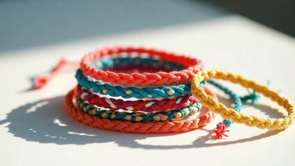 Fototapeta premium Colorful handmade bracelets in a stack on a bright surface, soft light, copy space