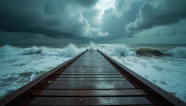 A wooden pier extending into the ocean under a stormy sky with crashing waves