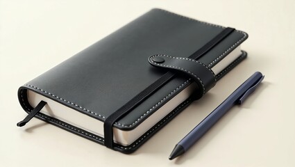 Elegant leather planner with a pen on a light background, copy space