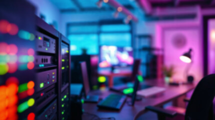 Homelab for cyber security specialist. Blurred background with modern super computers for artificial intelligence and cloud services
