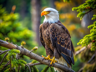 Bald eagle perched on tree branch. Bald eagle on a tree branch looking for prey.