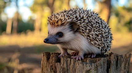 Fototapeta premium Cute hedgehog on tree stump in forest at sunset