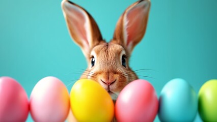 A close up of a rabbit peeking out from behind a row of colorful eggs.