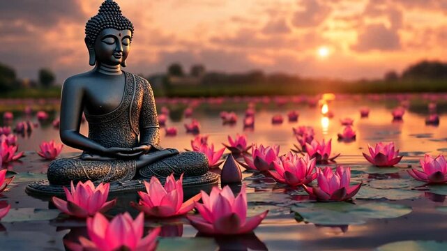 Serene buddha statue amidst blooming lotus pond at sunset a tranquil scene for peaceful contemplation
