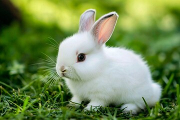 A small white rabbit is exploring the lush green grass under the warm sun. Its ears are perked up, and it appears curious and playful, enjoying a beautiful spring day