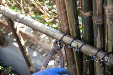 Worker install bamboo wall panels tied together with aluminum wire to cover a chain link fence.