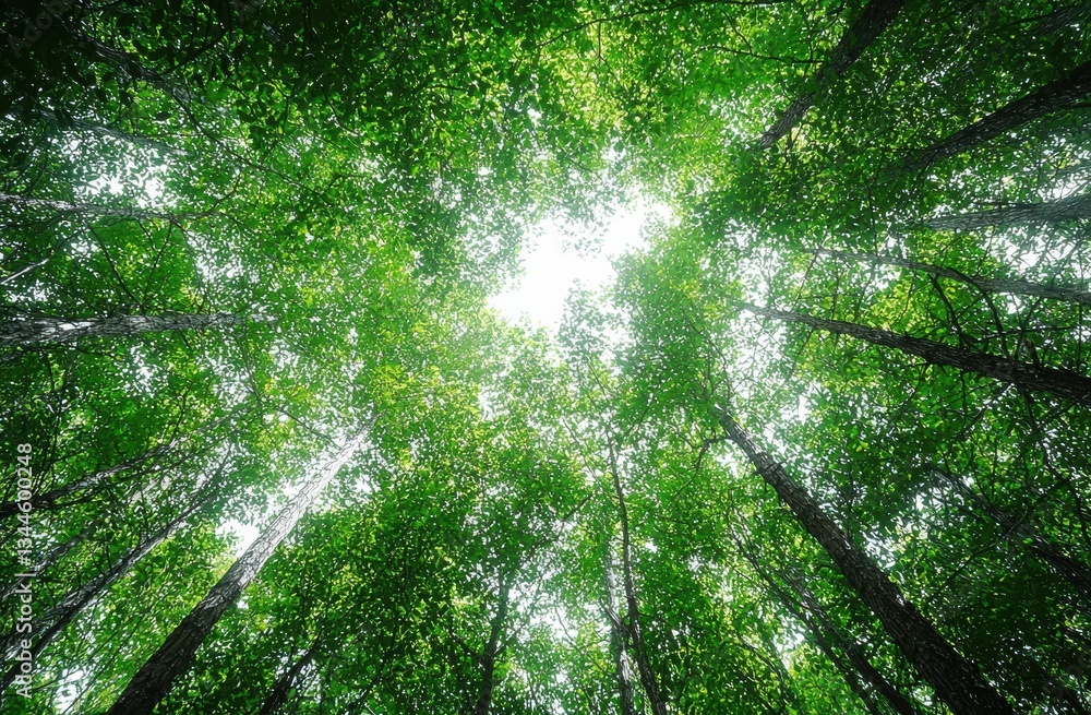 Poster sunlight filters through a vibrant green forest canopy, creating a tranquil and inspiring natural sc