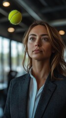 Businesswoman in suit staring at hovering tennis ball in office. Ball is in your court concept