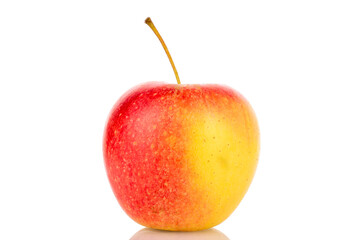 One juicy apple, macro, isolated on white background.