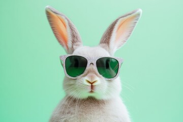Colorful Easter Bunny Portrait with Sunglasses on Pastel Green Background with Clean Lines and Detailed Texture