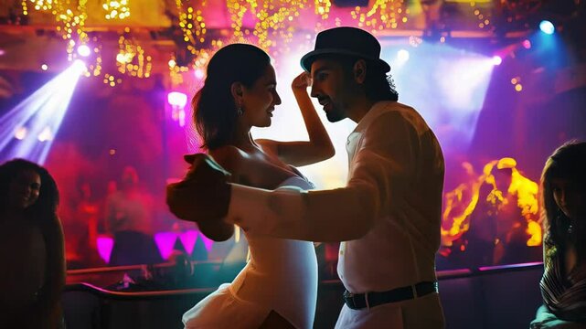 Young couple moving together in passionate bachata dance, performing sensual rhythm amid vibrant nightclub illumination and festive atmosphere