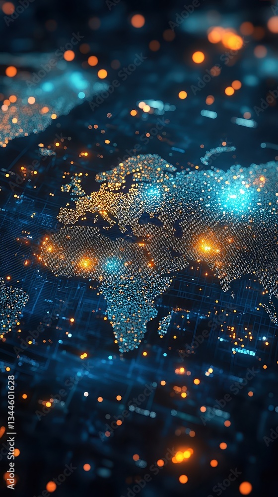 Wall mural digital world map glowing with interconnected lights, representing global communication, technology,