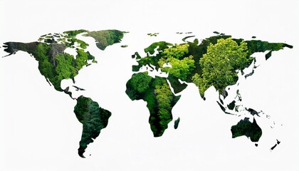 Global Forest Harmony: A world map elegantly merges with lush green forests, symbolizing global environmental harmony and the vital role of nature.
