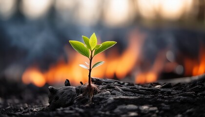 New Life Amidst the Ashes: A resilient sapling emerges from the charred remains, its vibrant green leaves symbolizing hope and renewal in the face of adversity.