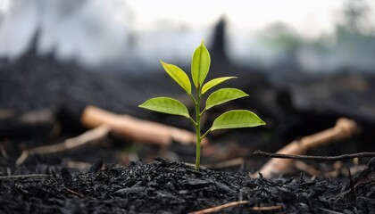 Hope in Ash: A tiny, vibrant green sprout pushes through the charred remnants of a fire, symbolizing resilience, rebirth, and the enduring power of nature in the face of devastation.