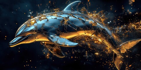 Fototapeta premium A Metallic Dolphin Breaks Apart With Golden Shards Bursting Out