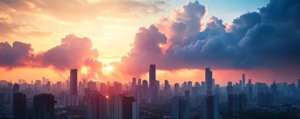Fototapeta premium huge natural disaster or nuclear explosion mushroom cloud effect over city skyline for apocalyptical aftermath of nuclear attach or the use of mass destruction weapons. Generative AI