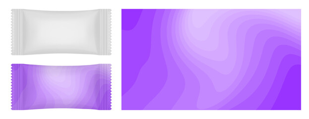 Fototapeta premium White flow pack or pouch. Purple pattern for packaging design. Candy, cookie or chocolate bar packaging. Eco packaging mockup 