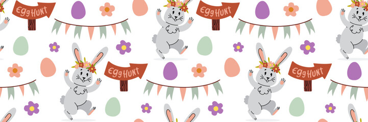 Easter rabbit seamless pattern. Festive game egg hunt. Spring background with funny bunny, wooden pointer and garland of colored flags. For wrapping paper, textiles, children room. Flat illustration.