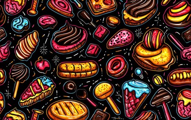 Fototapeta premium Seamless neon dessert doodles of artistic plated sweets, futuristic candy textures, and vibrant cosmic sugar elements
