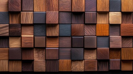 A wall made of wooden blocks in various shades of brown