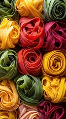  Colorful pasta varieties, including spinach green, beetroot red, and saffron yellow fettuccine elegantly arranged in swirls, highlighting gourmet flavors and artisanal craftsmanship.