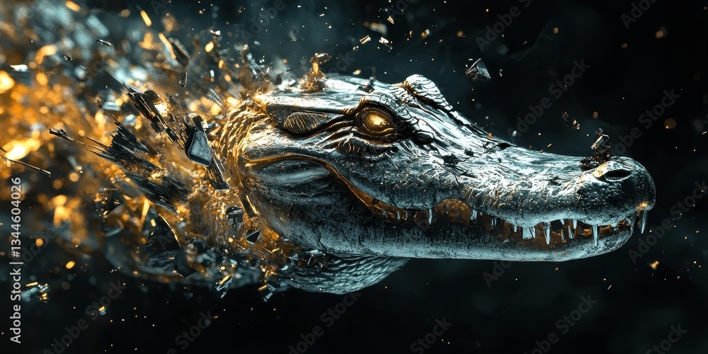 Poster an artistic representation of a metallic alligator head exploding