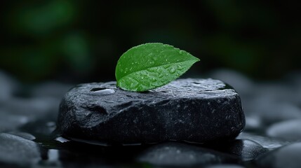 Single green leaf on wet black stone