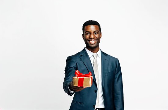 Well dressed, happy, smiling, young man gives gift to camera view, suit and tie, isolated on white studio background