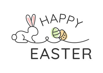 Minimalist happy easter typography design with bunny and eggs. Festive holiday illustration.