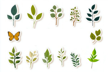 Stickers of leaves and butterflies creating a frame on a white background