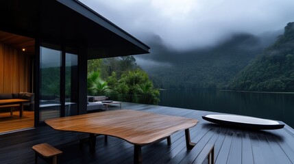 Modern cabin overlooking serene lake.  Deck dining area with a large wooden table, perfect for enjoying views