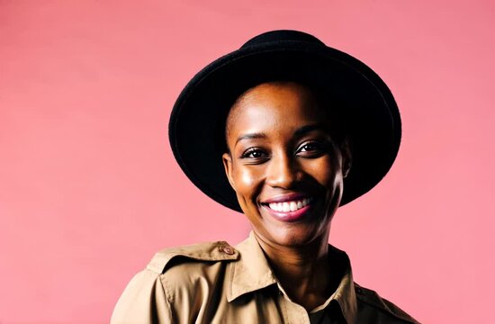 A fashion portrait of a young African American woman with purple sunglasses and black hat, isolated on pink studio background