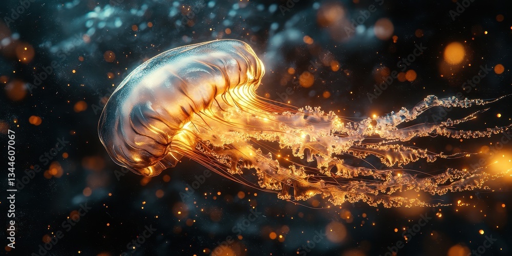 Poster an illuminated jellyfish floating in a dark space environment