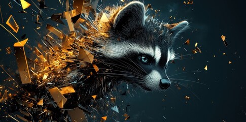 An artistic image of a raccoon with scattered golden fragments