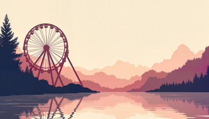 Ferris wheel silhouette reflecting on a tranquil lake at sunset  