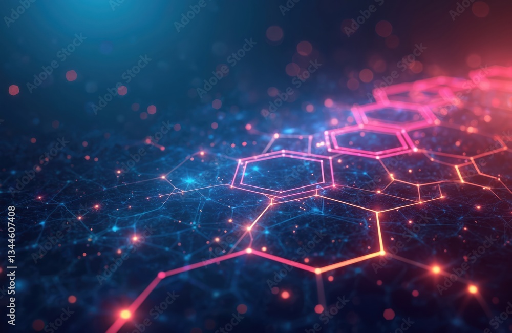 Poster abstract futuristic tech background of glowing neon lines, hexagon pattern. dark backdrop, glowing n