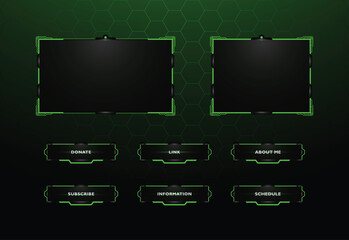 Modern tech-inspired streaming overlay design featuring a dark background with vibrant green accents.