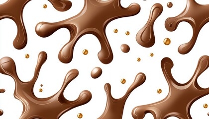 Seamless pattern of minimalist chocolate splatters, artistic fluid strokes, and golden shimmer accents, ultra-modern gourmet design